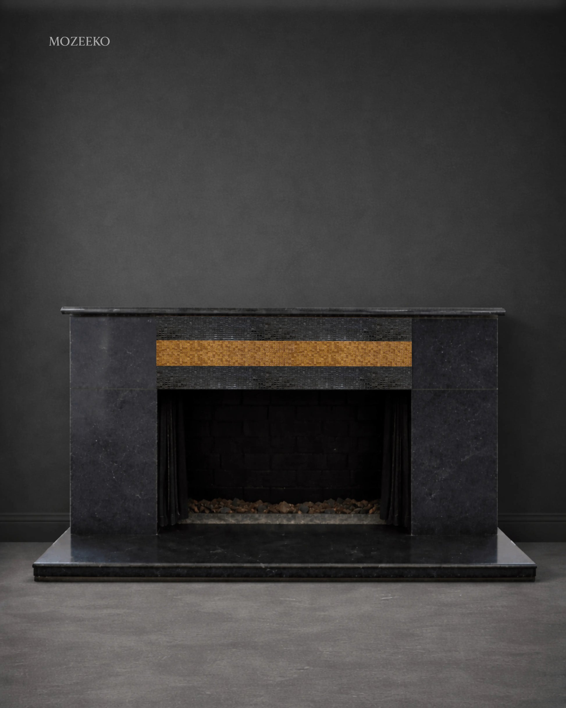Contemporary jet black granite fireplace with hand-inlaid stone mosaic strip, crafted as a luxury made-to-order piece.