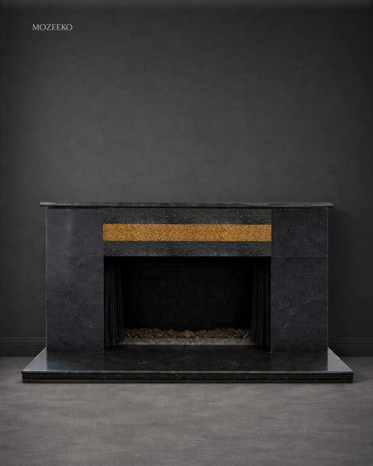 Contemporary jet black granite fireplace with hand-inlaid stone mosaic strip, crafted as a luxury made-to-order piece.