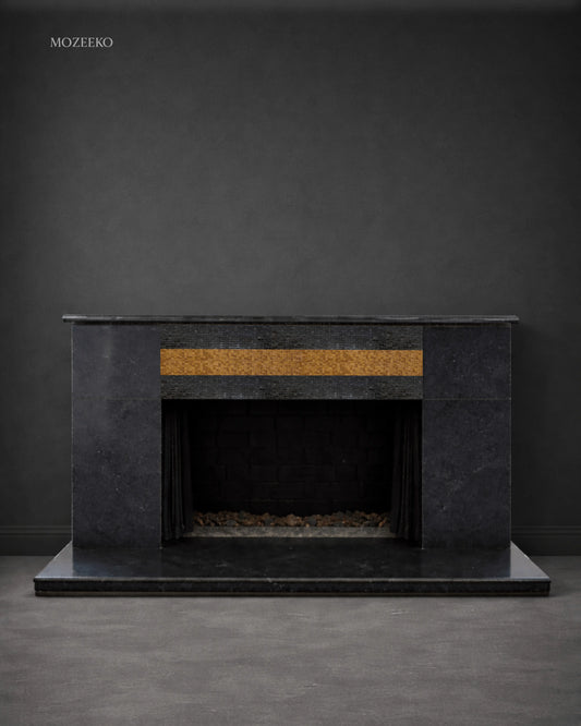 Contemporary jet black granite fireplace with hand-inlaid stone mosaic strip, crafted as a luxury made-to-order piece.