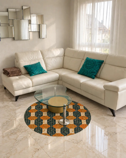 Round Pak Green, Golden and cream geometric marble mosaic medallion installed beneath a glass coffee table