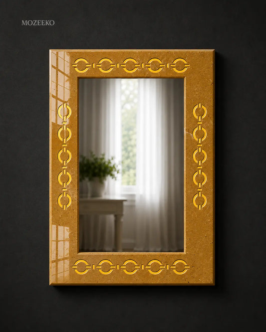 Golden marble mirror frame with brass inlay detailing, rectangular 22 × 32 inches, handcrafted stone design