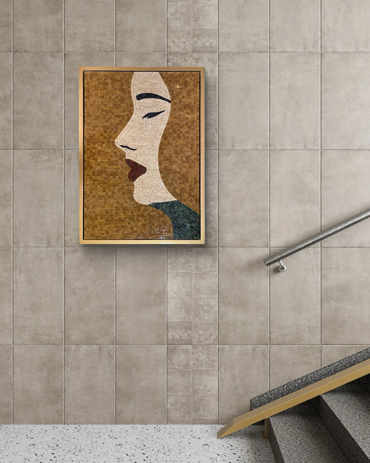 Marble mosaic wall art portrait presented in a metallic gold floating wooden frame1