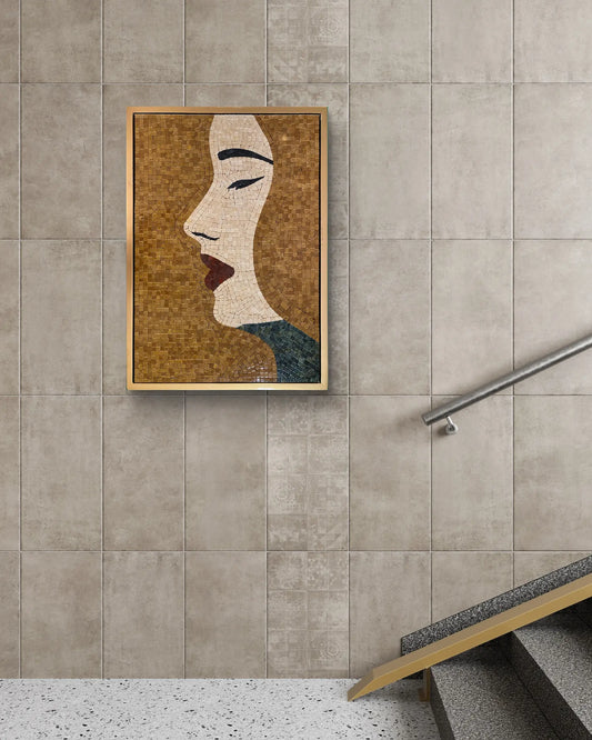 Marble mosaic wall art portrait presented in a metallic gold floating wooden frame1