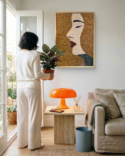 Marble mosaic wall art portrait presented in a metallic gold floating wooden frame2