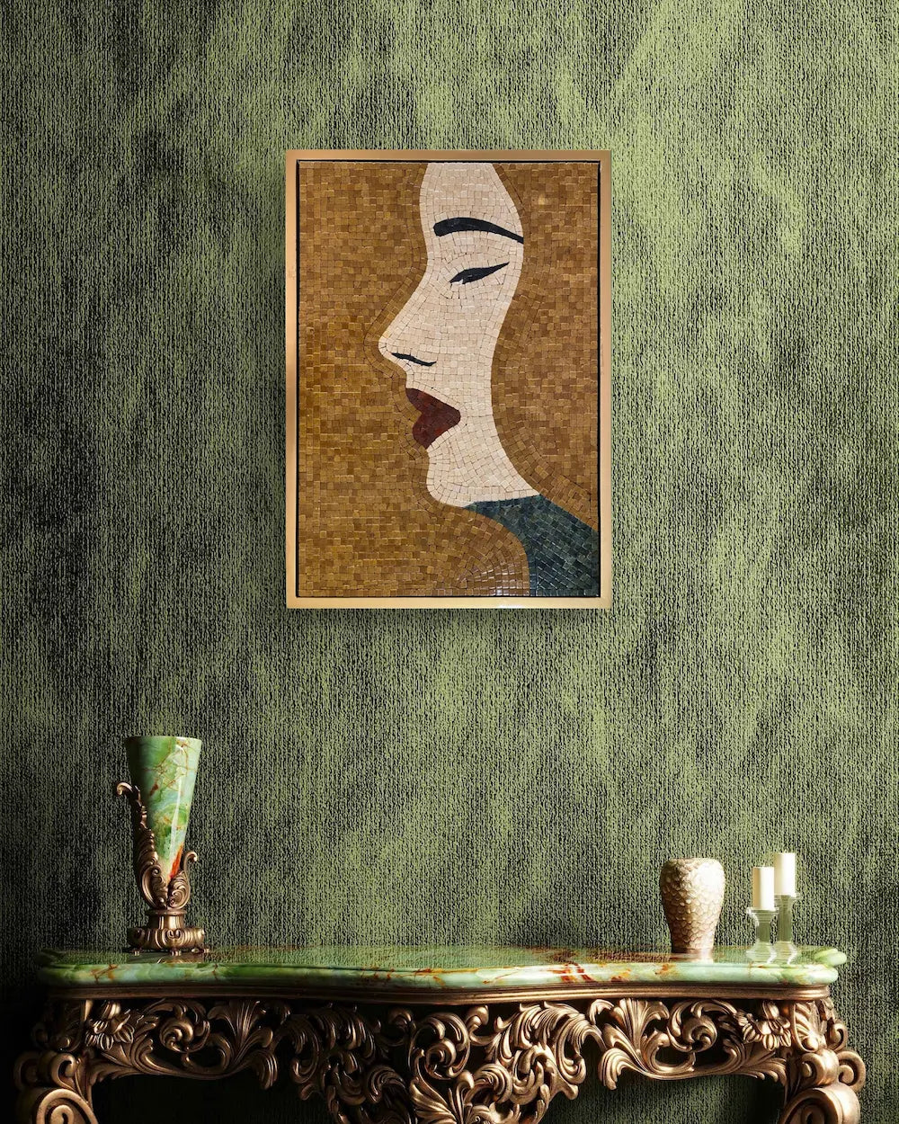 Marble mosaic wall art portrait presented in a metallic gold floating wooden frame 3