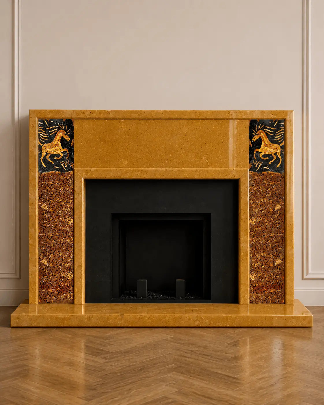 French-style golden marble fireplace featuring handcrafted horse mosaic inlays, designed in classical European proportions and made to order by Mozeeko.
