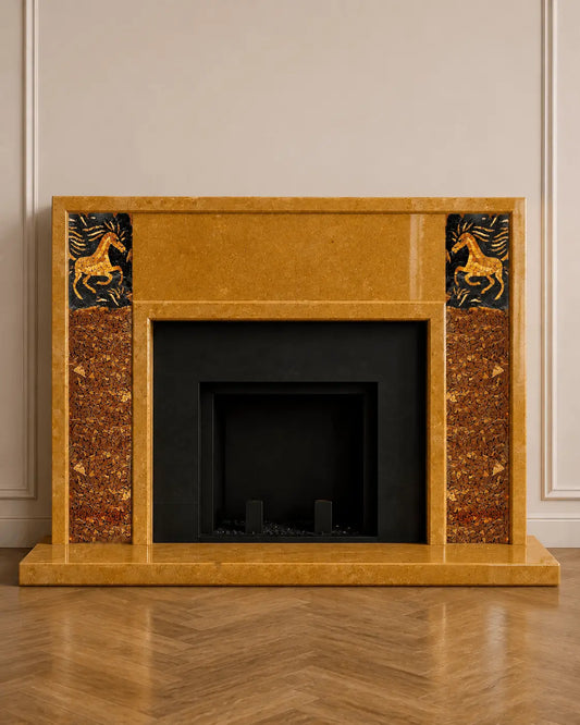 French-style golden marble fireplace featuring handcrafted horse mosaic inlays, designed in classical European proportions and made to order by Mozeeko.