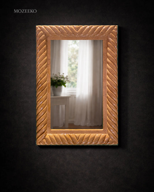 Handcrafted golden marble mirror frame with carved stone detailing, rectangular 22 × 24 inches