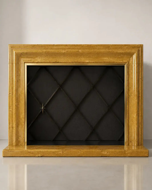 Handcrafted modern golden marble fireplace with stepped mouldings and diamond-pattern firebox interior in a luxury contemporary setting.