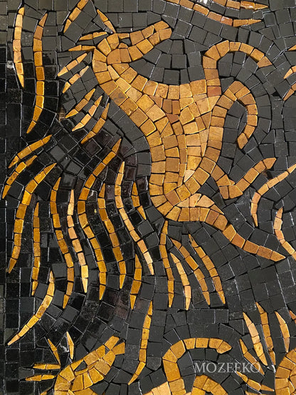 Detailed view of natural marble tesserae used in Golden Stallions mosaic wall art, showcasing color variation and hand craftsmanship.

