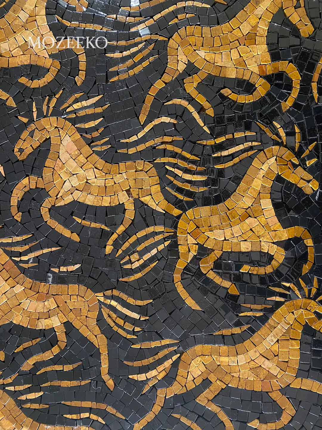Close-up of hand-cut golden marble horse motif in Golden Stallions mosaic wall art, highlighting flowing lines and craftsmanship.
