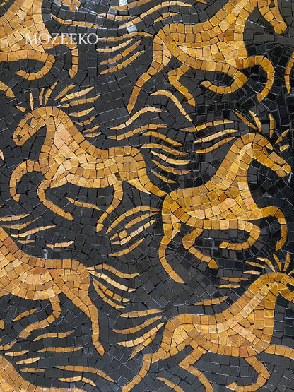 Close-up of hand-cut golden marble horse motif in Golden Stallions mosaic wall art, highlighting flowing lines and craftsmanship.
