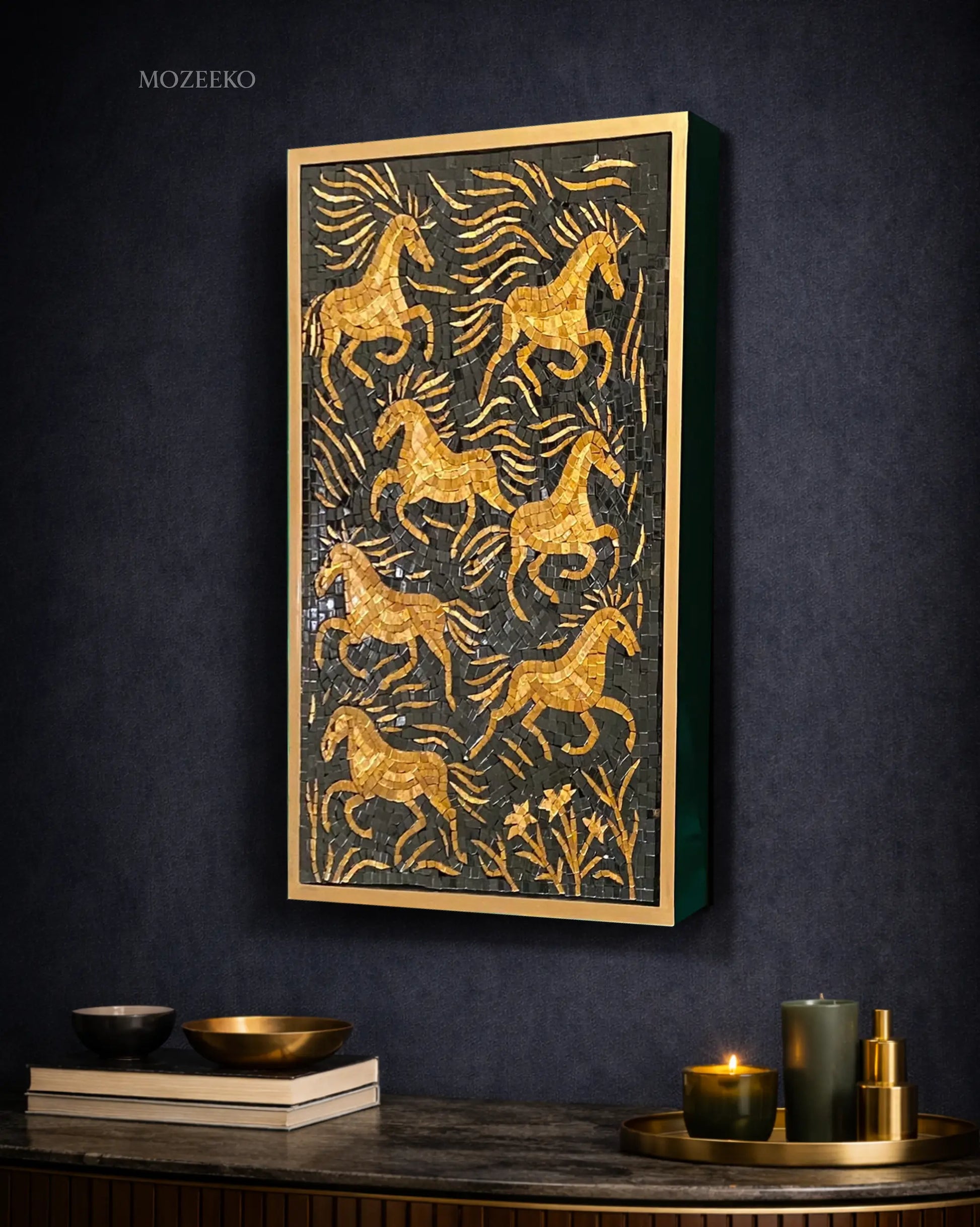 Side view of Golden Stallions marble mosaic wall art showing depth, tile texture, and golden floating wooden frame.
