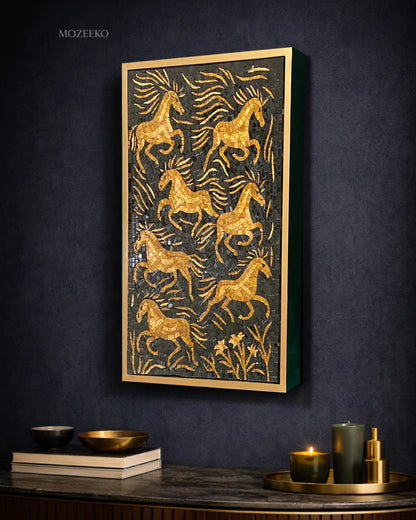 Side view of Golden Stallions marble mosaic wall art showing depth, tile texture, and golden floating wooden frame.
