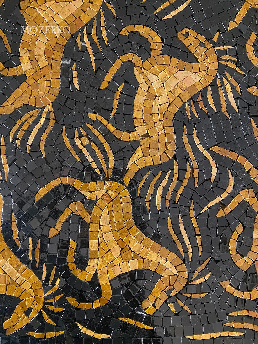 Close-up of black marble mosaic background in Golden Stallions wall art, showing precise tile placement and surface texture.

