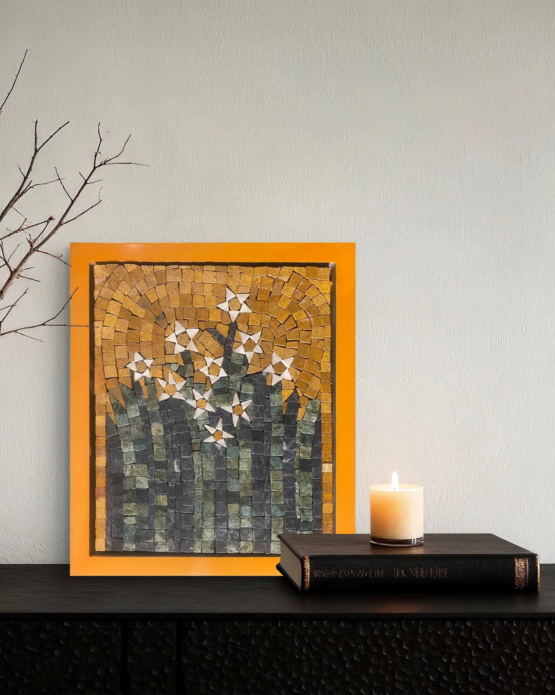 Golden Bloom – 12×14 marble mosaic wall art displayed in a luxury interior mockup with golden background and floral design (NIA Collection by Mozeeko)1