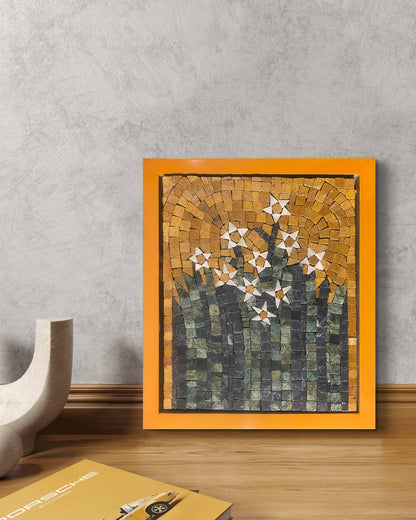 Golden Bloom – 12×14 marble mosaic wall art displayed in a luxury interior mockup with golden background and floral design (NIA Collection by Mozeeko)2