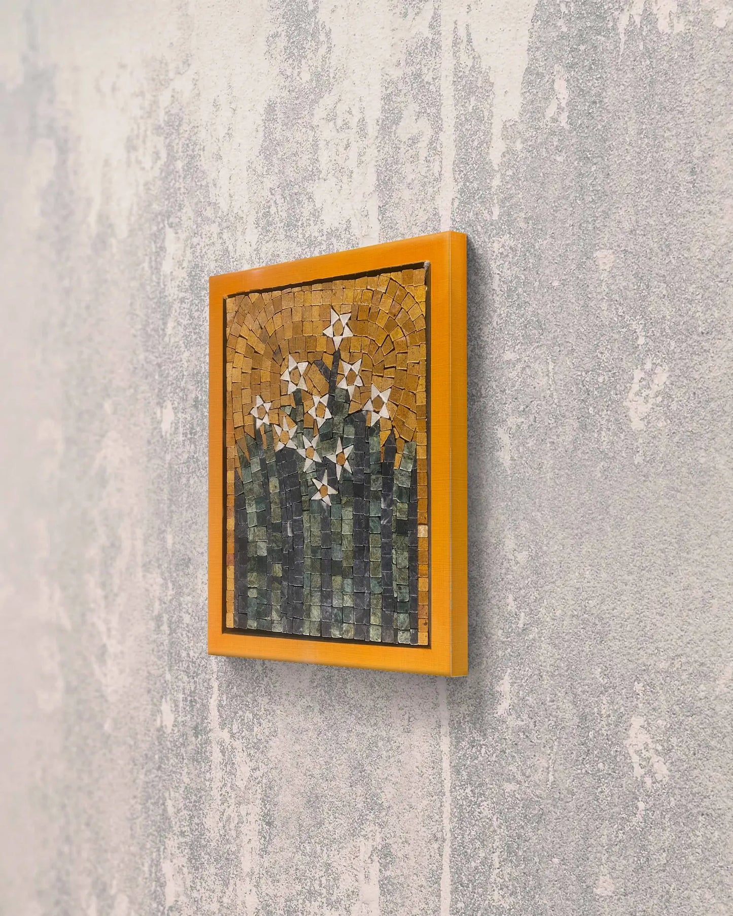Golden Bloom – 12×14 marble mosaic wall art displayed in a luxury interior mockup with golden background and floral design (NIA Collection by Mozeeko)sideview
