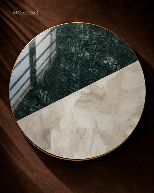 Round marble table top with indian green and kamoor white in a linear diagonal design