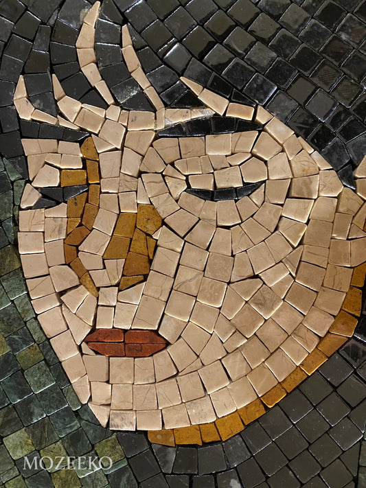Close-up of a marble mosaic girl’s face crafted from cream and golden stone with subtle red-golden lips