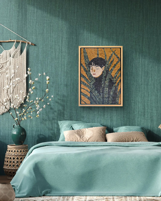 Hidden Girl marble mosaic wall hanging presented in a green and gold floating wooden frame-1