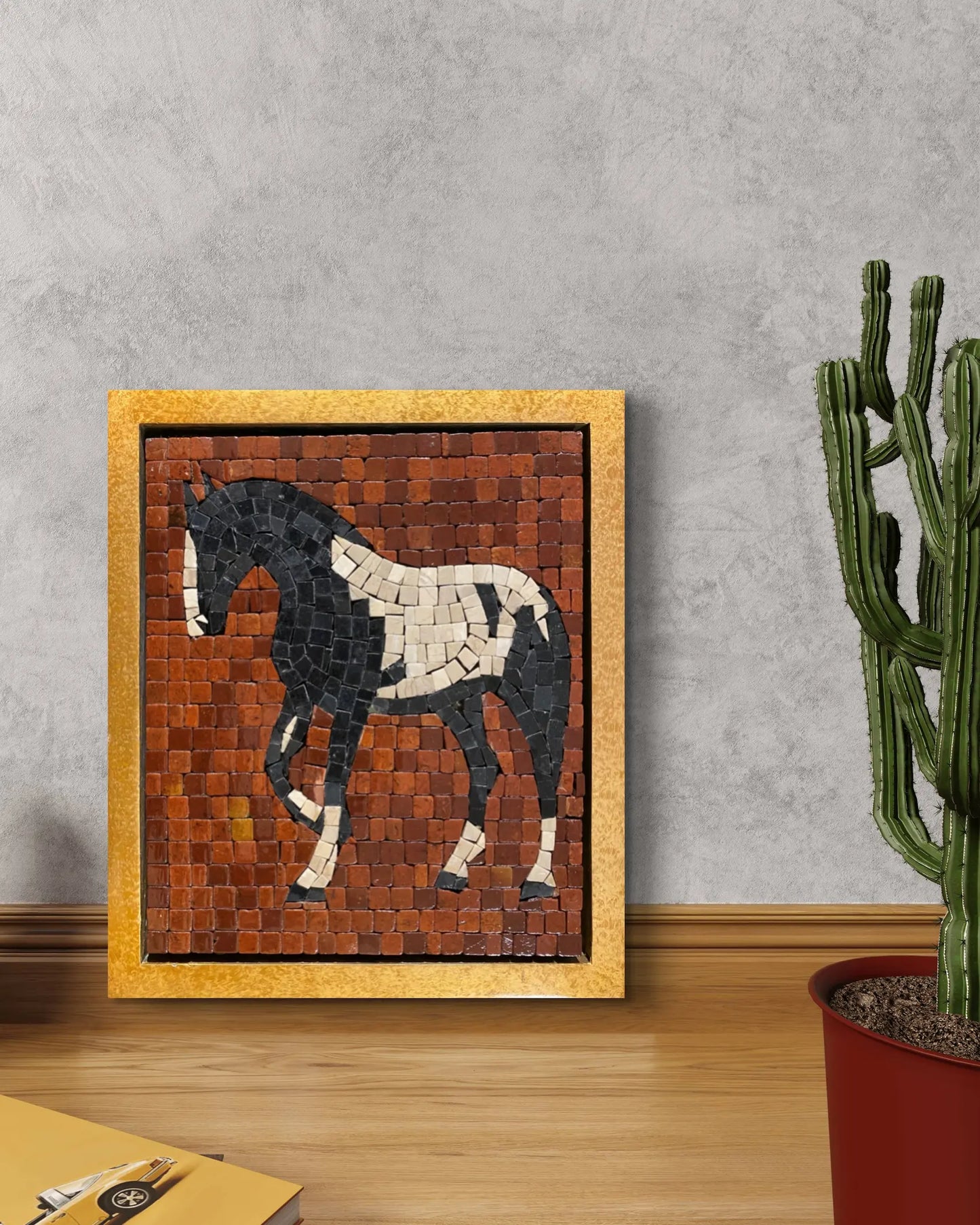 horse– marble mosaic wall art (Super White, Jet black, Golden, Red Golden) displayed in golden frame in interior setting (NIA Collection by Mozeeko)