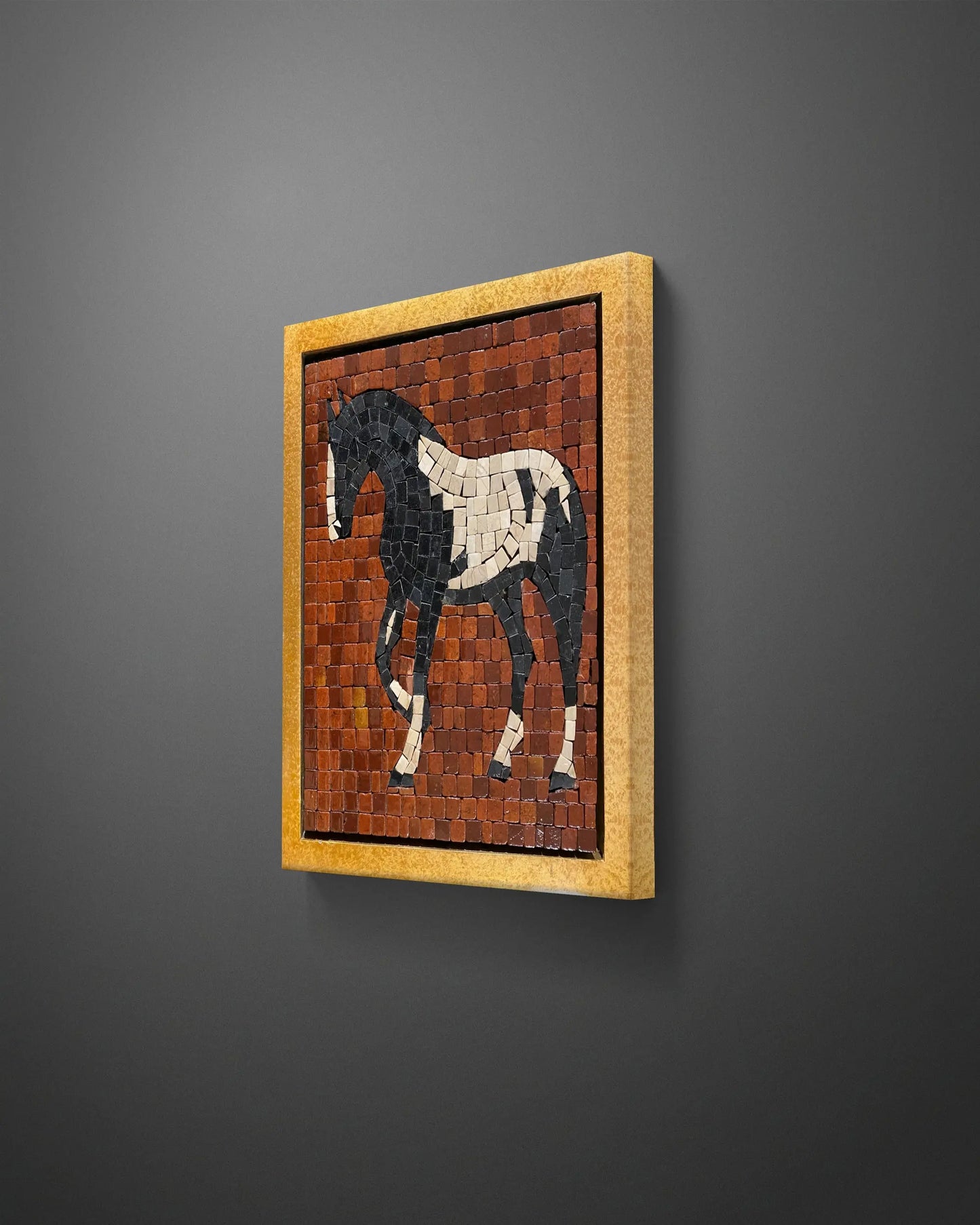 horse– marble mosaic wall art (Super White, Jet black, Golden, Red Golden) displayed in golden frame in interior setting (NIA Collection by Mozeeko)sideview