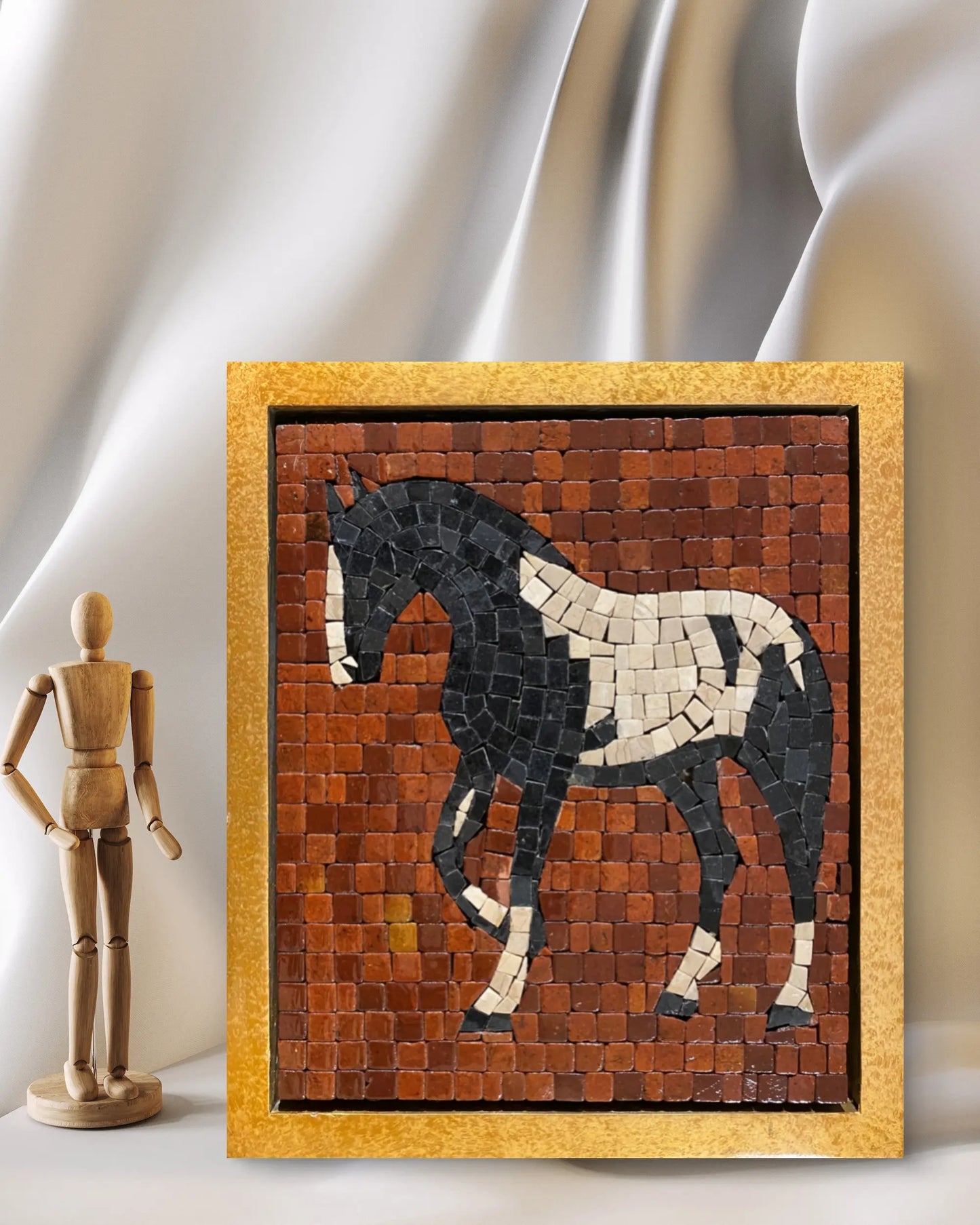 horse– marble mosaic wall art (Super White, Jet black, Golden, Red Golden) displayed in golden frame in interior setting (NIA Collection by Mozeeko)