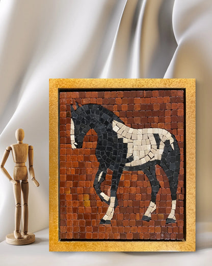 horse– marble mosaic wall art (Super White, Jet black, Golden, Red Golden) displayed in golden frame in interior setting (NIA Collection by Mozeeko)