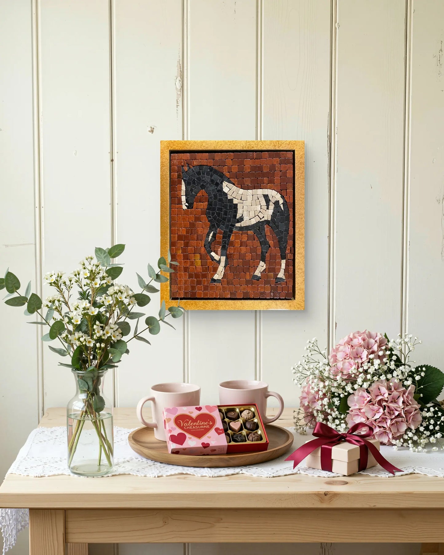 horse– marble mosaic wall art (Super White, Jet black, Golden, Red Golden) displayed in golden frame in interior setting (NIA Collection by Mozeeko)