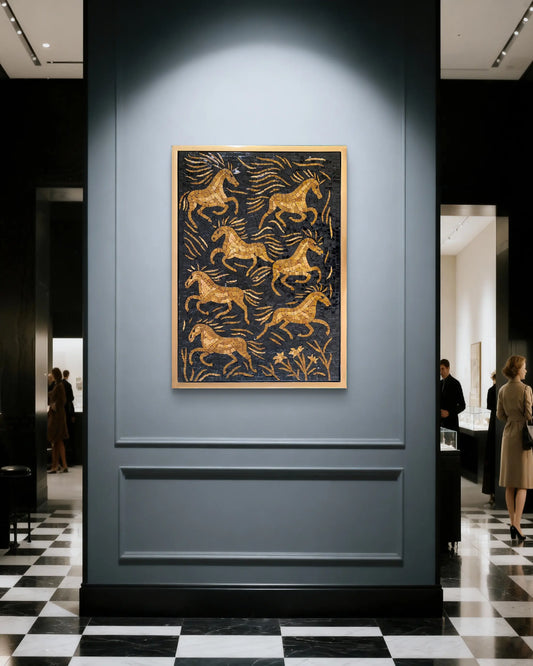 Side view of Golden Stallions marble mosaic wall art showing depth, tile texture, and golden floating wooden frame.3
