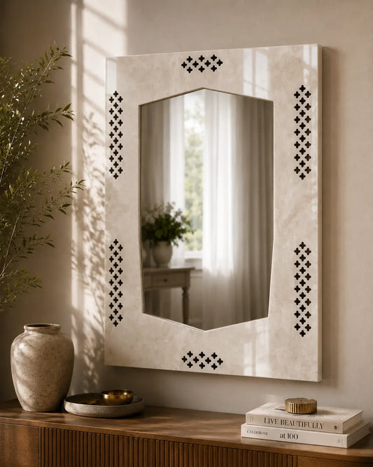 Kamoor White marble mirror with corner jali lattice cutwork and perforated stone frame