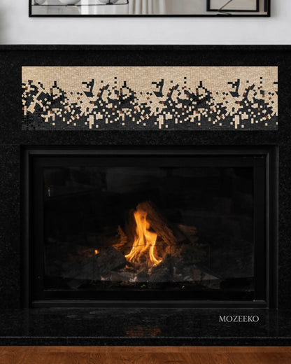 closeup-Jet black granite fireplace with handcrafted mosaic inlay panel, featuring a modern architectural design by Mozeeko.