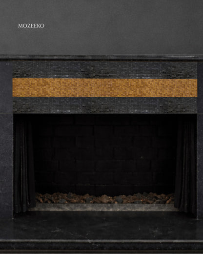 Jet black granite fireplace featuring a horizontal mosaic inlay band in a minimalist architectural design by Mozeeko.