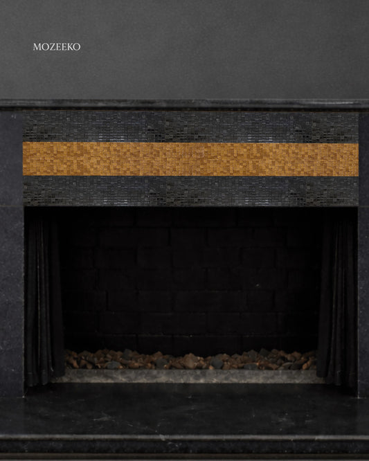 Jet black granite fireplace featuring a horizontal mosaic inlay band in a minimalist architectural design by Mozeeko.