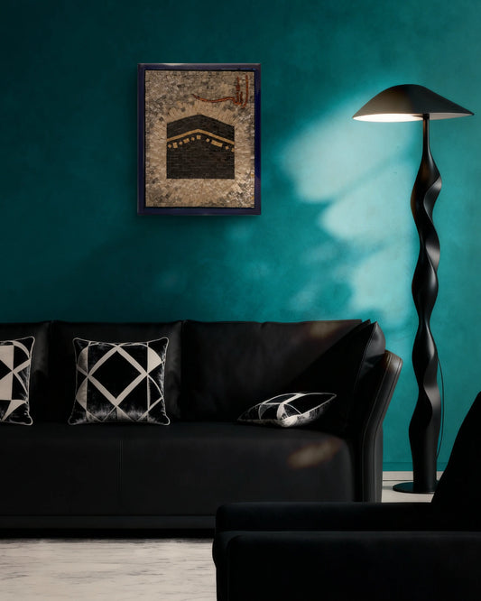 Handmade marble mosaic of Kaaba with “Allah” Arabic calligraphy, framed in deep blue PU paint — Mozeeko Ashna Collection.3
