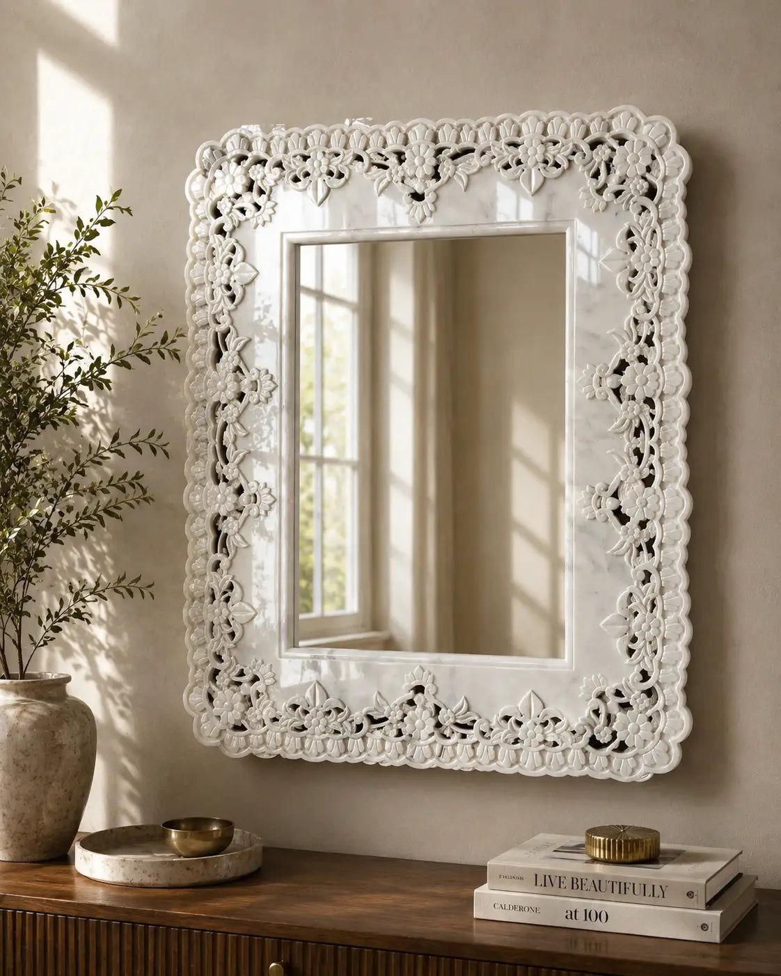 Ziarat White marble mirror with matte floral carving and jali lattice work