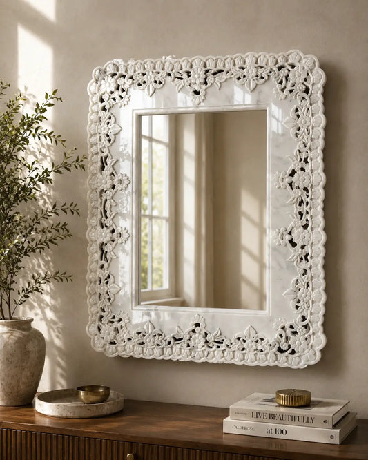 Ziarat White marble mirror with matte floral carving and jali lattice work