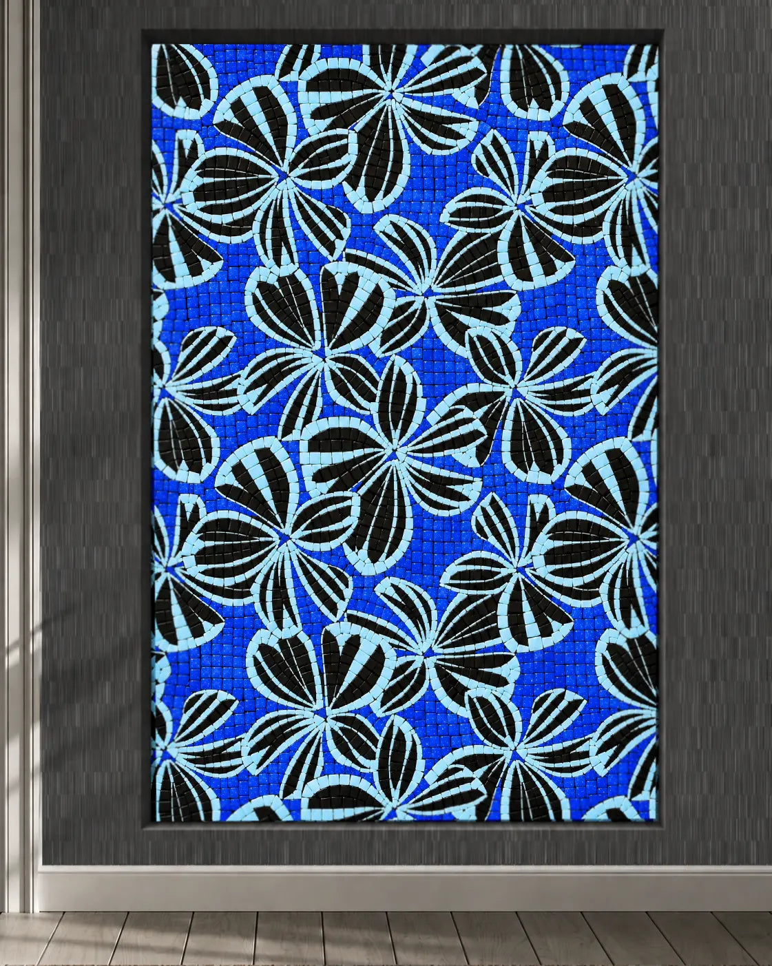 Blue, black and white floral vitreous glass mosaic installed in a large recessed interior feature wall.