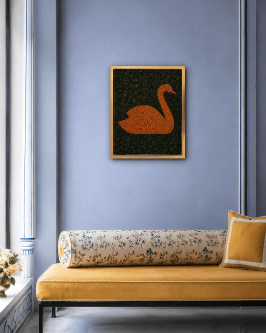 Alt text 1: Golden swan marble mosaic wall art with a blue  background displayed in a golden frame above a sofa.