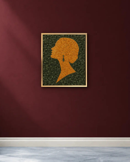 Golden woman silhouette marble mosaic wall art with a deep-green background displayed in a golden frame.