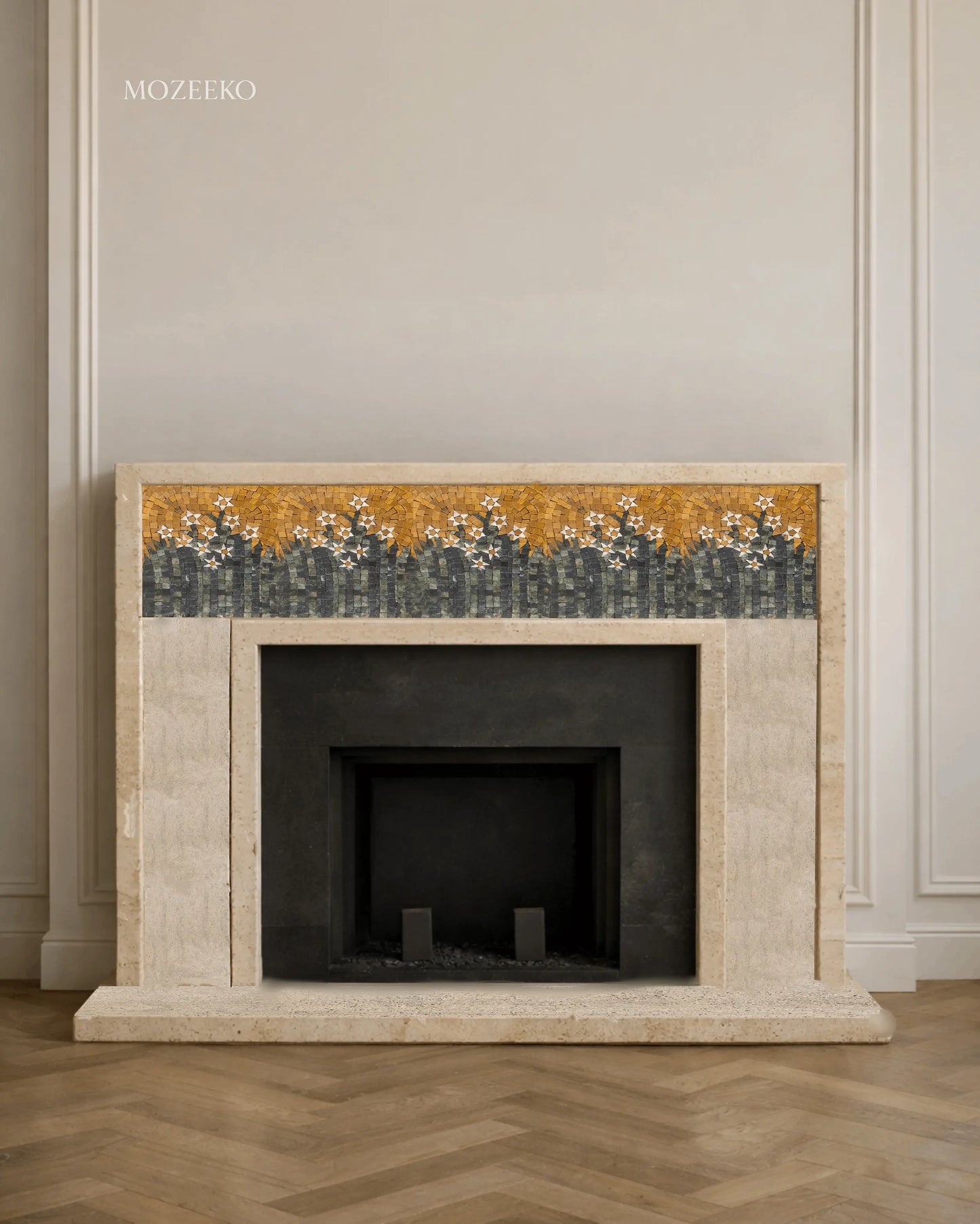 French-style travertine marble fireplace featuring an inlaid floral mosaic frieze, handcrafted with classical European proportions and made to order by Mozeeko.
