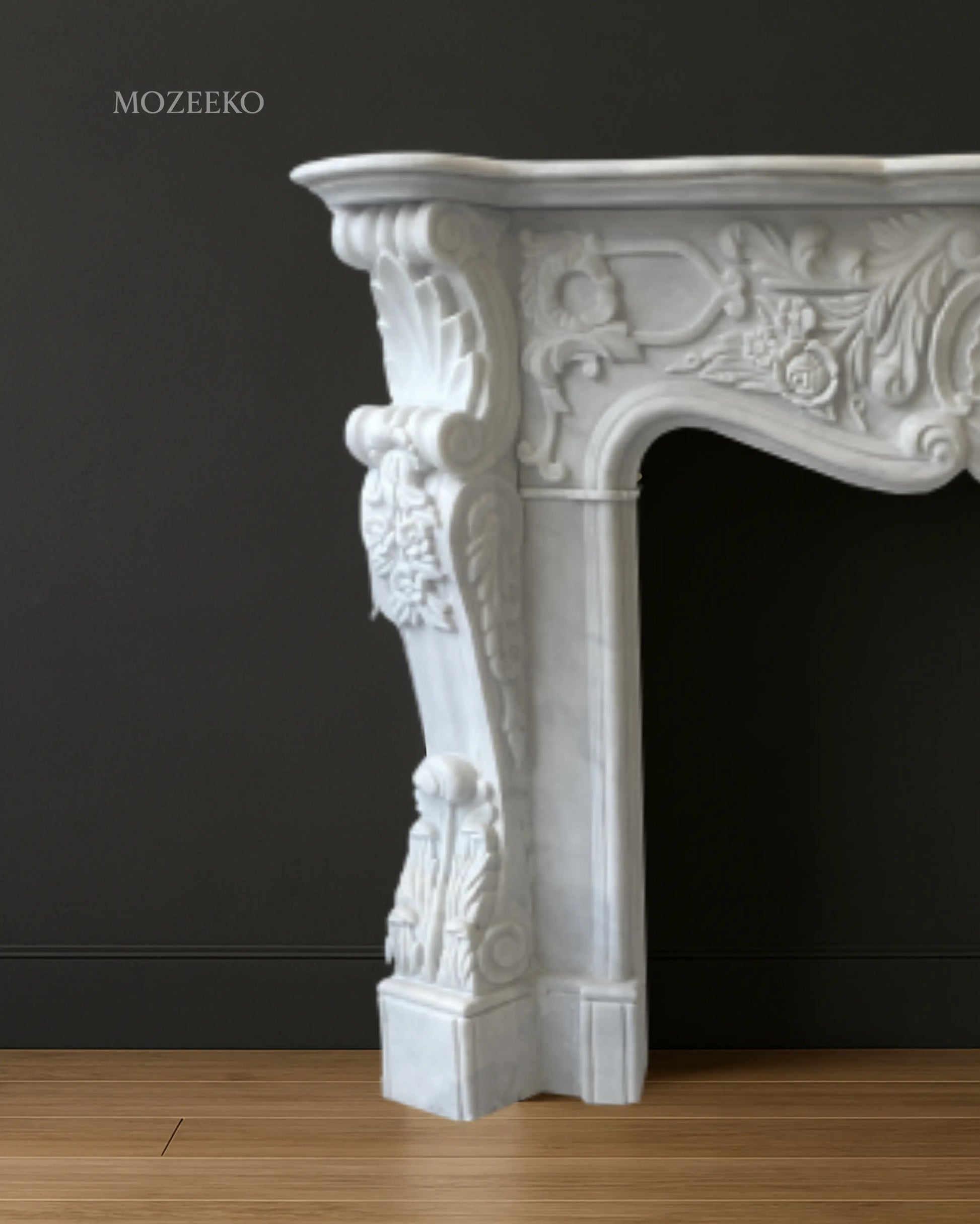 “Hand-carved French Rococo Super White marble fireplace mantel by Mozeeko — 54 x 42 inches baroque stone design”-half-view