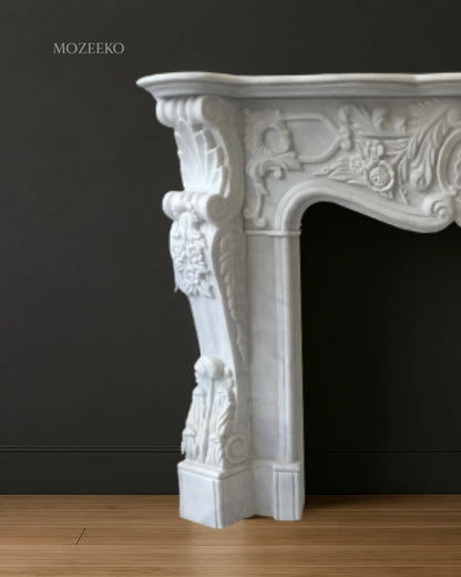 “Hand-carved French Rococo Super White marble fireplace mantel by Mozeeko — 54 x 42 inches baroque stone design”-half-view