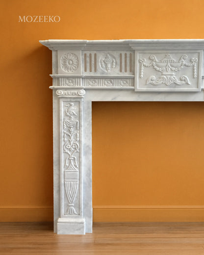 Hand-carved Super White marble fireplace mantel by Mozeeko — 54 x 42 inches classical stone design-closeup