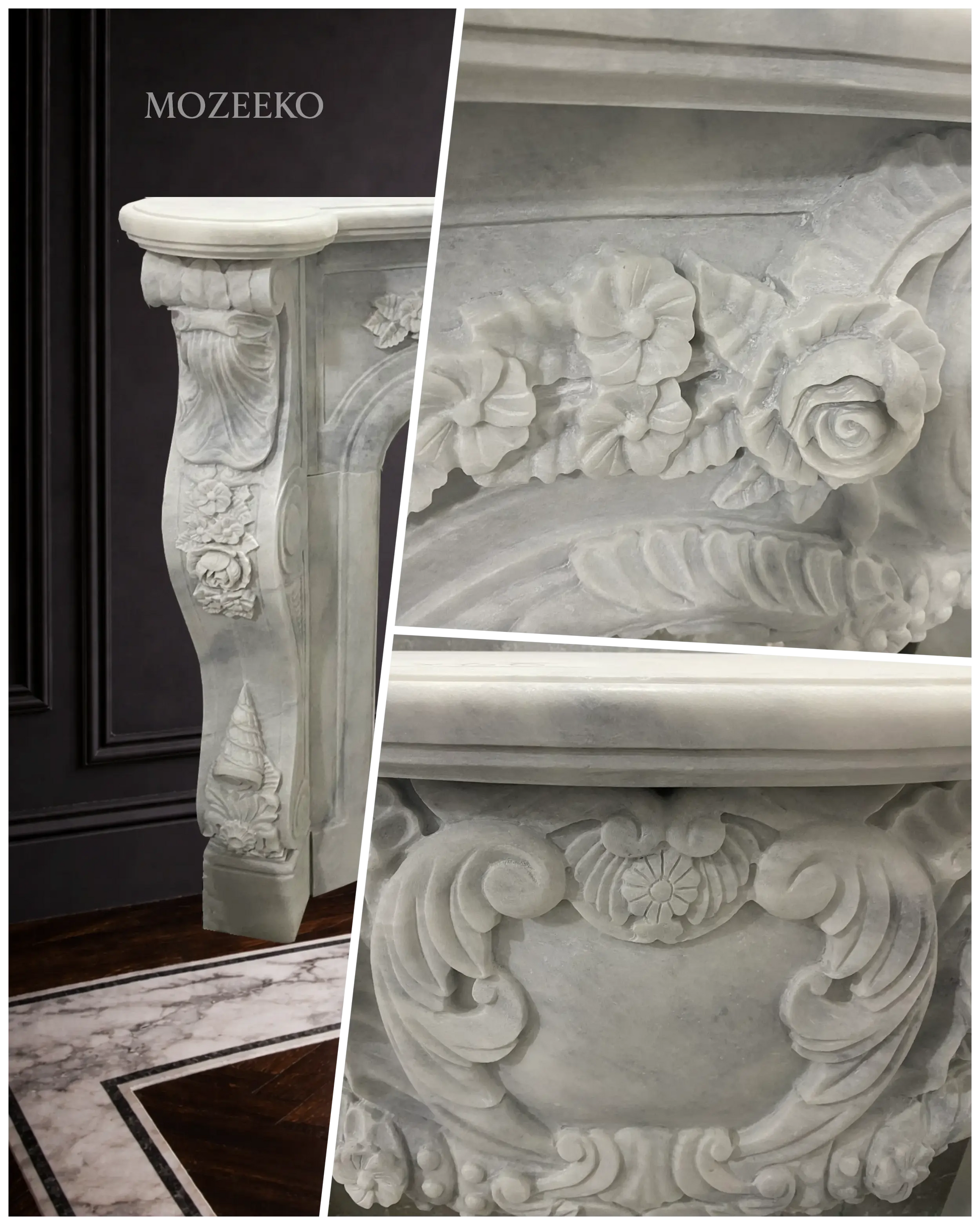 Close-up detail of Rococo floral carving on Super White marble fireplace