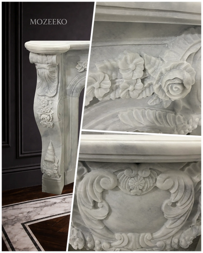 Close-up detail of Rococo floral carving on Super White marble fireplace