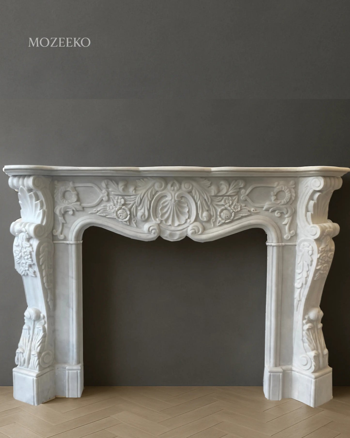 “Hand-carved French Rococo Super White marble fireplace mantel by Mozeeko — 54 x 42 inches baroque stone design” -1