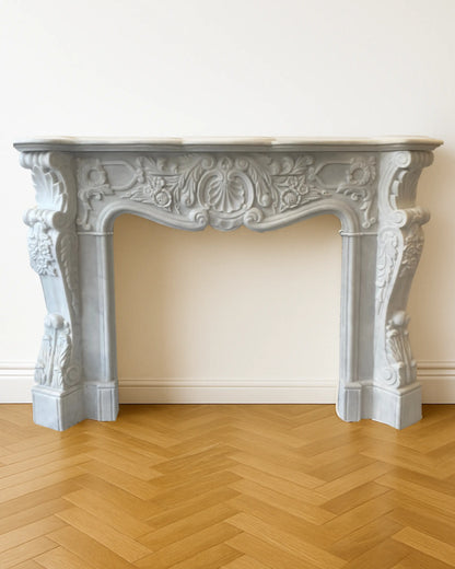 “Hand-carved French Rococo Super White marble fireplace mantel by Mozeeko — 54 x 42 inches baroque stone design”,white-wall