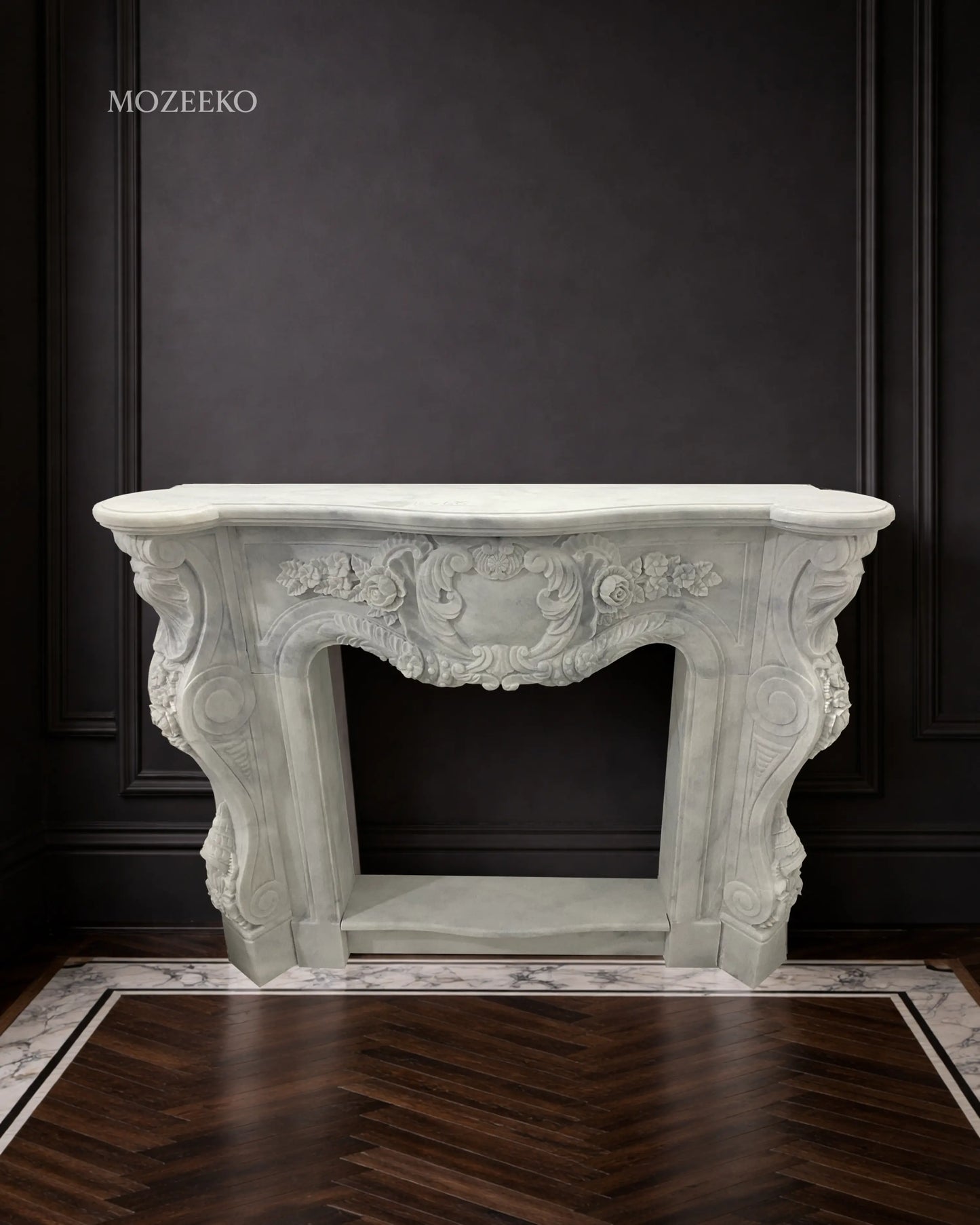 Hand-carved Super White marble fireplace console in French Rococo style by Mozeeko Atelier